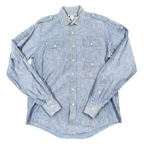 Gant X Michael Bastian Button Down Shirt Men L Blue Chambray Epaulets Safari